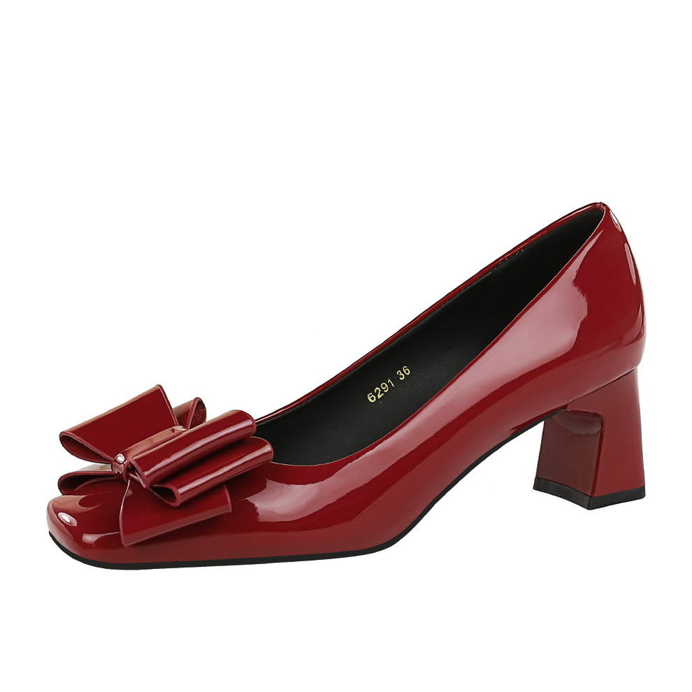 6291-H87 French Style Patent Leather Bow Mid-Heel Square Toe Shallow Mouth Chunky Heel Women's Comfortable Versatile_vogvips.com