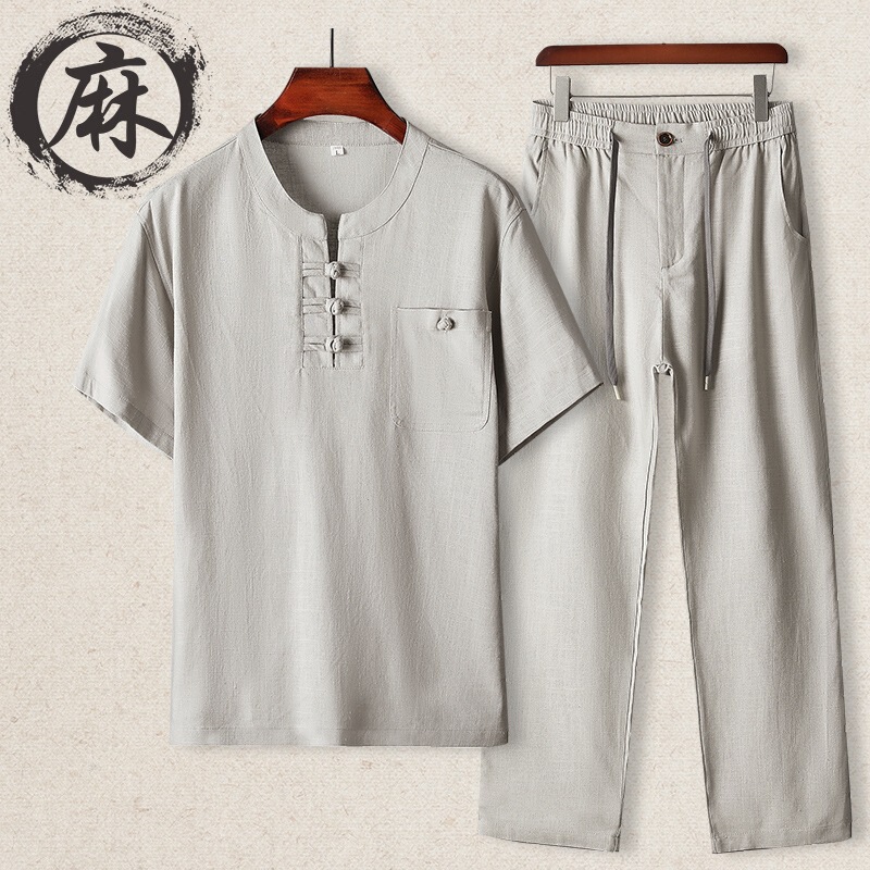 Men's Summer Linen Short-Sleeved Long Pants Pajama Set Chinese Style Tang Suit Men's Outerwear Home Wear Casual Loungewear