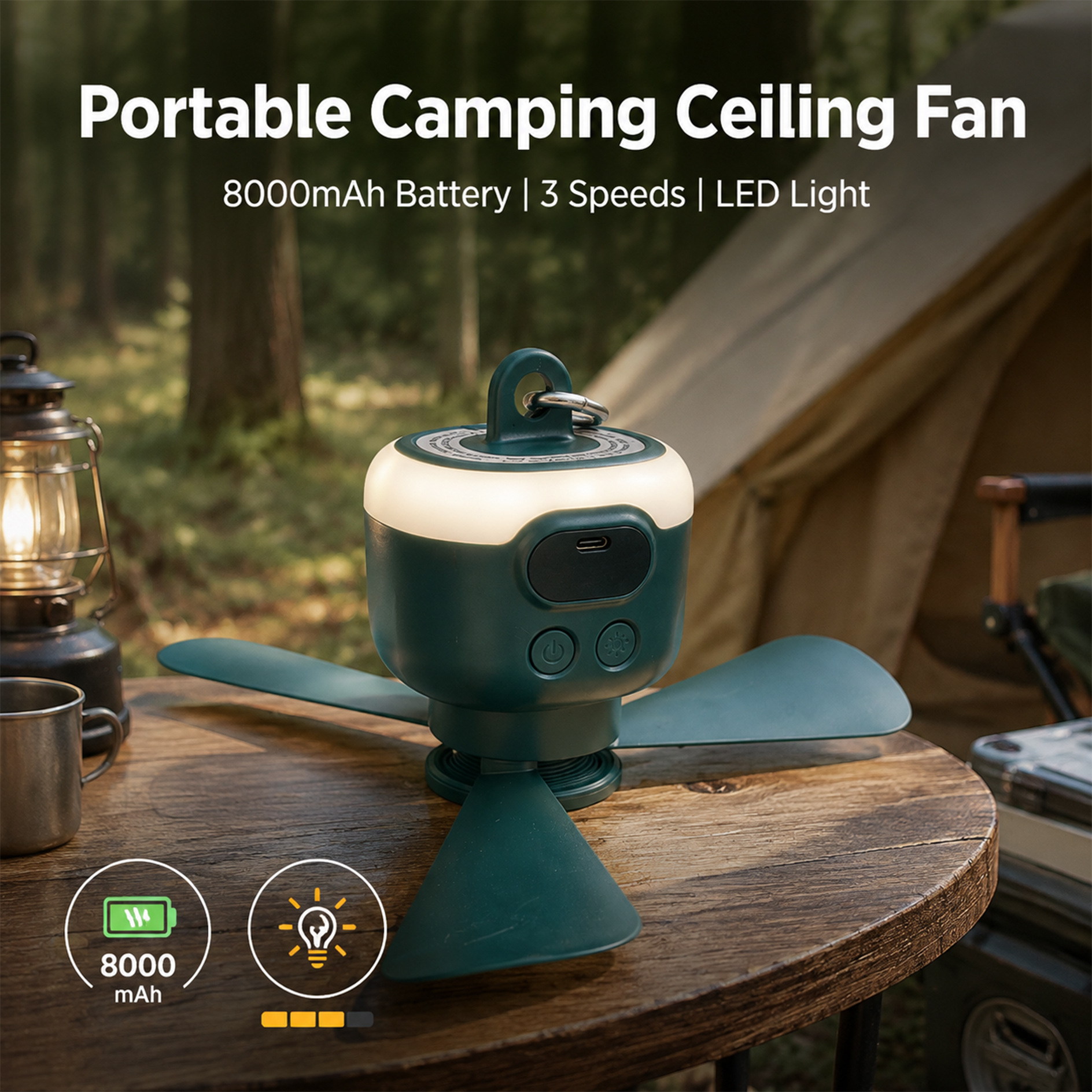 Ventilador de Techo Portátil para Camping 10400mAh Recargable con Luz LED para Tienda de Campaña image 6