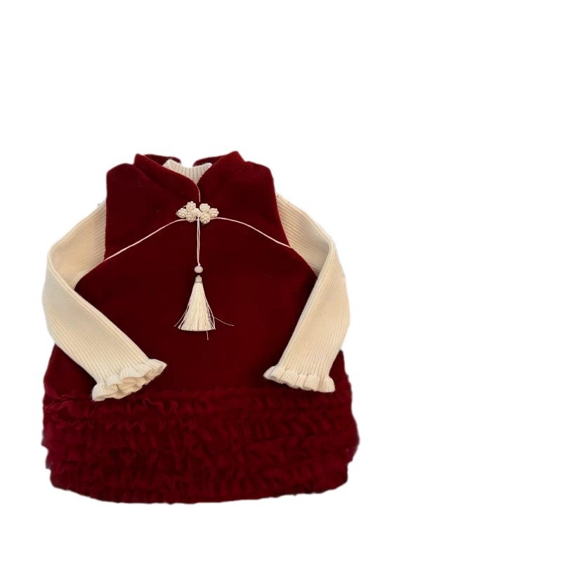 Ropa de niños vestidos de niñas de invierno estilo extranjero temperamento de alta gama chaleco vestido de Año Nuevo vestido de aniversario de princesa roja