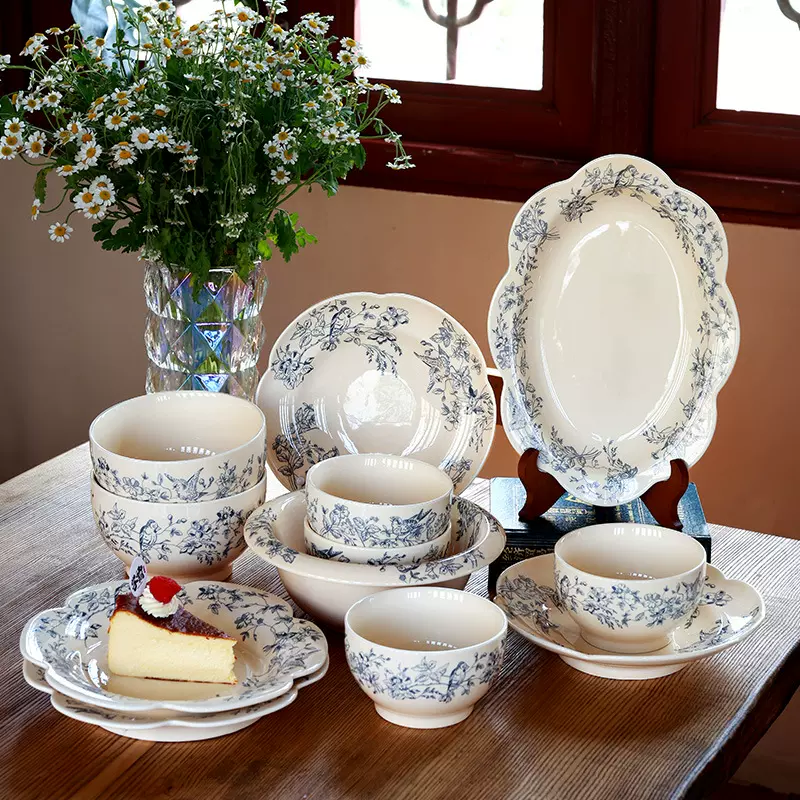 法式中古蔚蓝梦境蓝花卉陶瓷甜品盘蛋糕盘复古下午茶糕点盘西餐盘