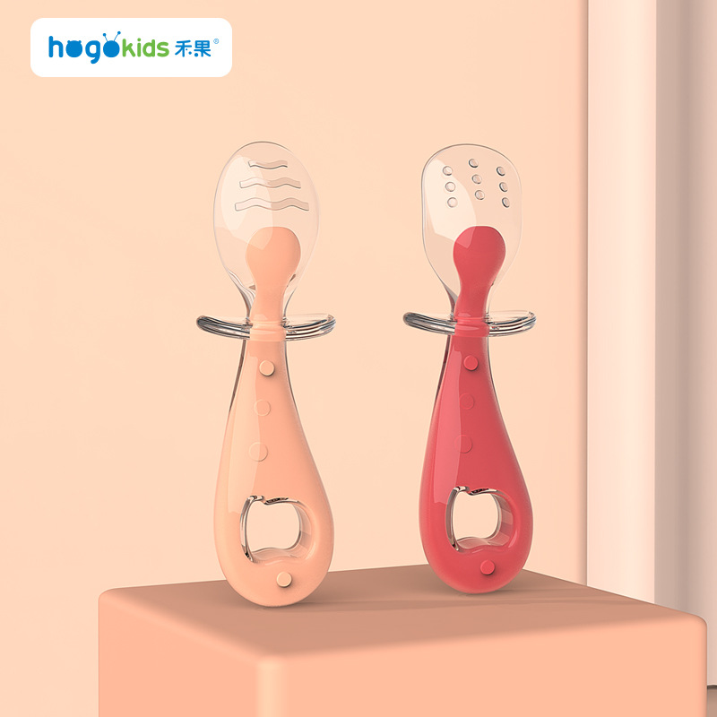 (OEM Customized) Maternal and Infant Supplies Silicone Spoon Short Handle Auxiliary Food Spoon Baby Children's Tableware Soft Head Fork Spoon Set