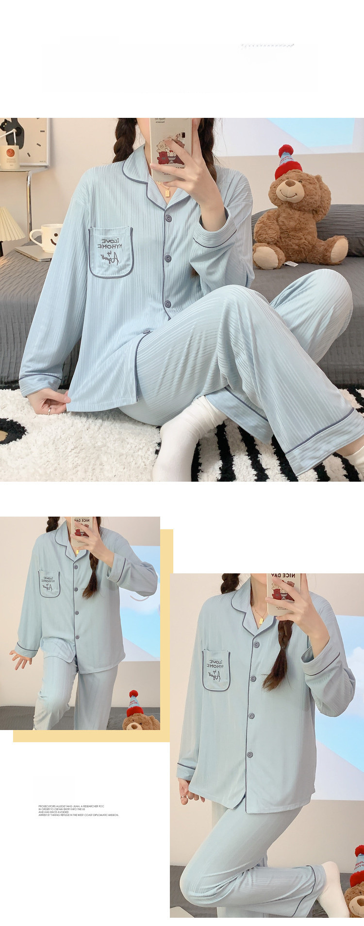 Sweet cartoon embroidered bear girl sweet spring and autumn long-sleeved trousers cardigan milk silk pit foreign trade suit_voghion.com