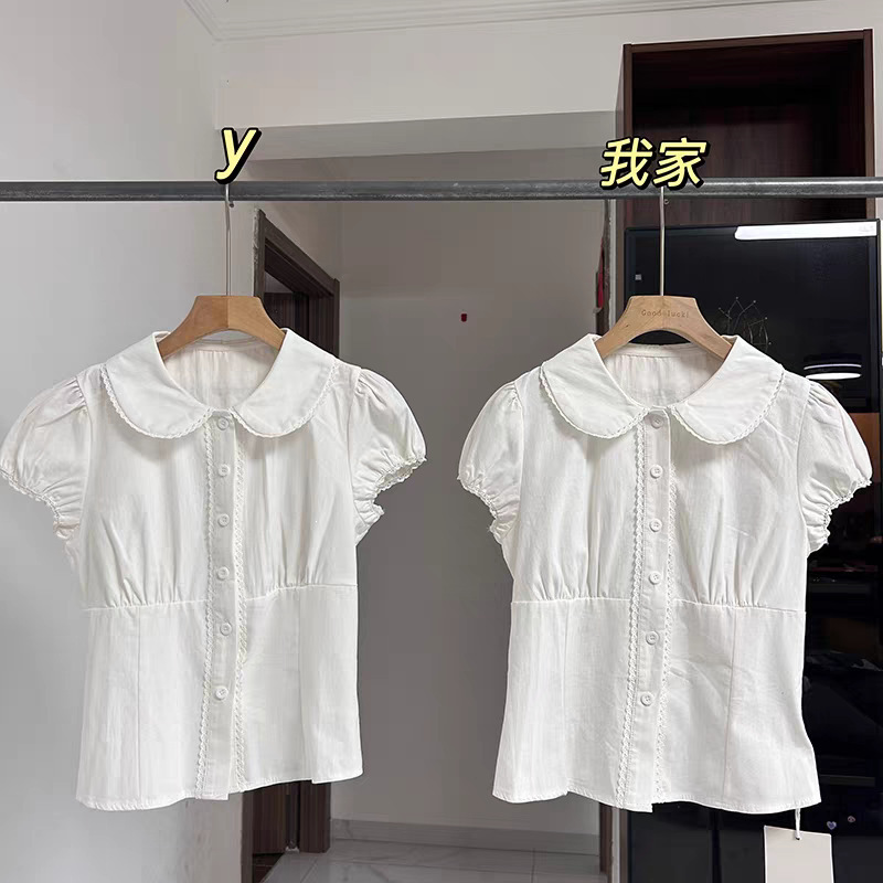 Korean-Style Cotton White Doll Collar Shirt for Women, Summer Lace-Trimmed Short-Sleeve Blouse, Waist-Cinching Slim-Fit Short Top