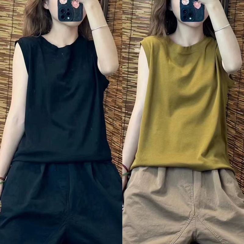 綿ルーズベストレディースアウター春夏ファットMM大きいサイズ痩身ラウンドネックノースリーブTシャツインナーレイヤリングトップ|undefined