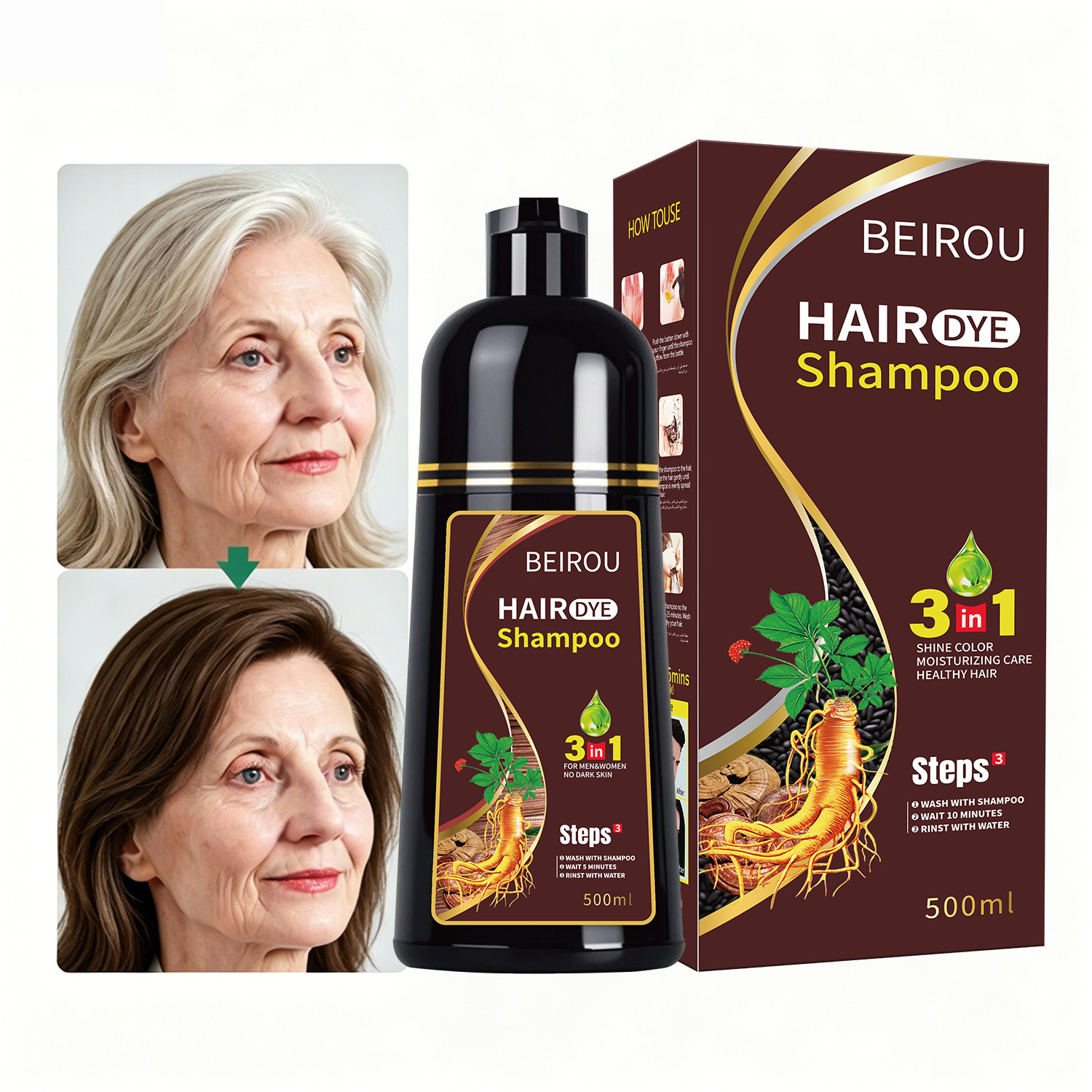 Beirou Black Hair Dye, Plant-Based, Non-Damaging Hair Dye Cream, Covers Gray Hair, Three-In-One, Non-Staining Scalp, Foam Hair Dye