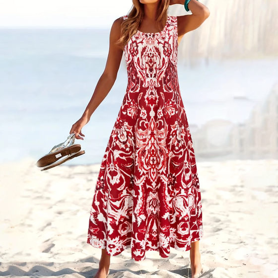European and American Cross-border Fashion Loose Comfortable Ethnic Style Long Dress Summer Casual Round Neck Long Dress Women's Picture Printed Dress