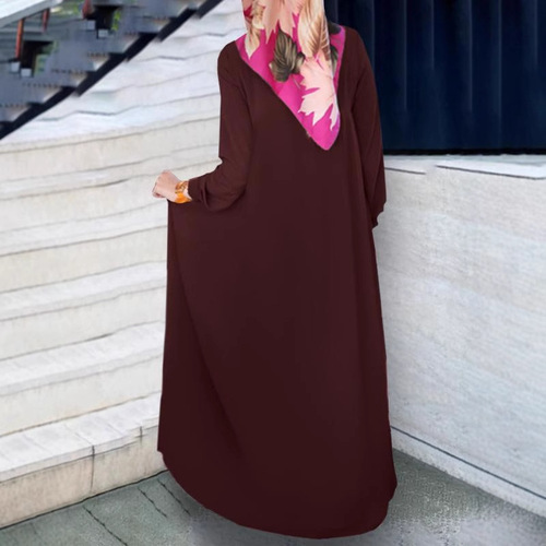 Women's Muslim Arabic temperament elegant pleated skirt solid color simple round neck long-sleeved wrinkled loose dress