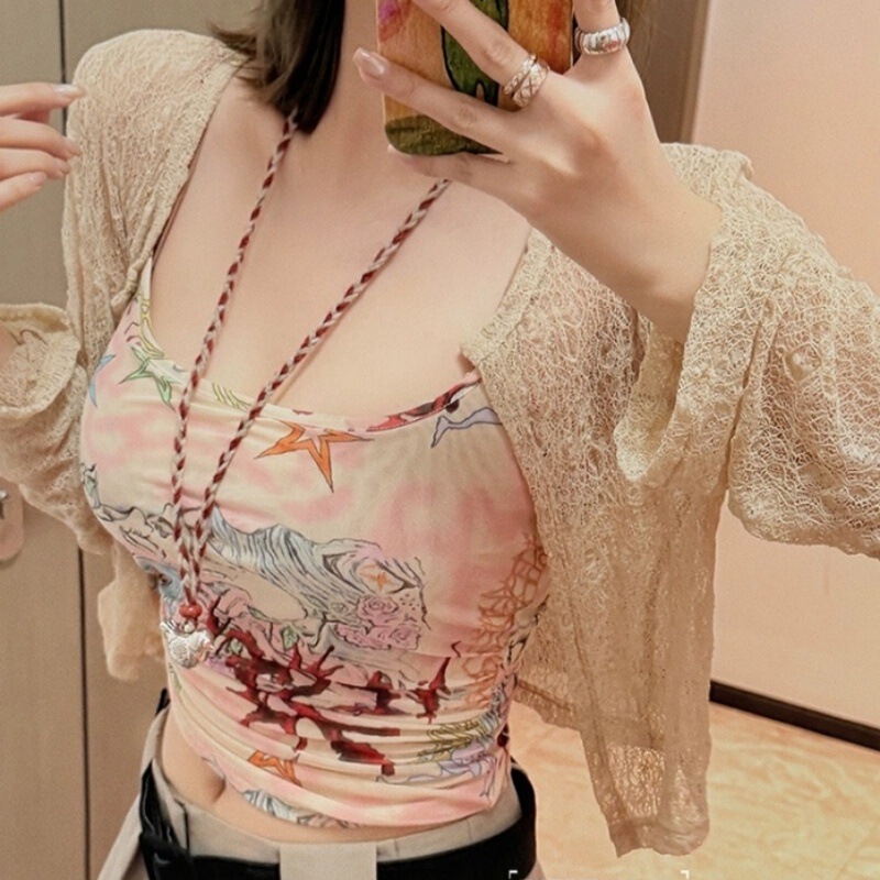 966+967#初秋新款两件套蕾丝外套加涂鸦印花背心女修身带胸垫百搭|undefined