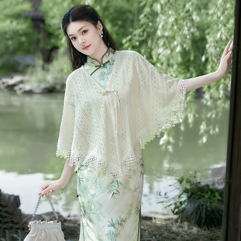 Air-Conditioned Room Office Knitted Shawl Women's Outer Wear Cut Out Tassel Fashion Cheongsam White Cloak Thin Style
