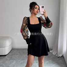 亚马逊跨境外贸连衣裙女2025欧美新款气质网纱刺绣方领长袖连衣裙