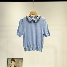 南油高端女装法式小香风水钻彼得潘领毛衣修身显瘦短袖套头针织衫