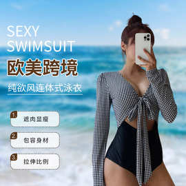 泳衣女千鸟格长袖绑带保守镂空高腰连体三角度假修身显瘦遮肚泳装