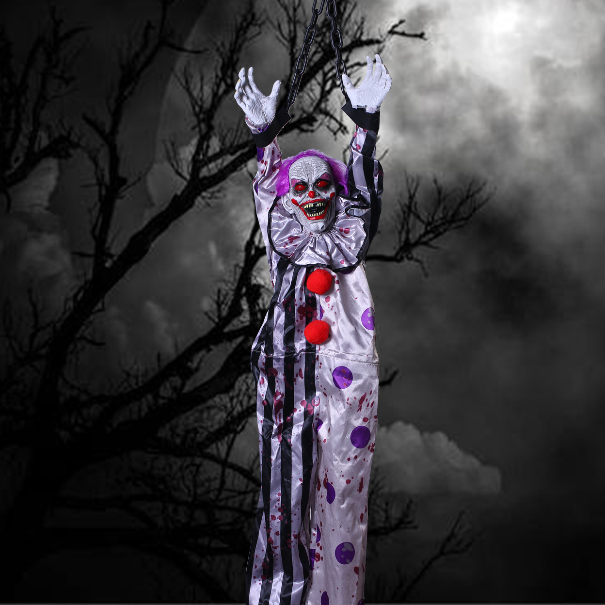 Halloween control de voz eléctrico fantasma de cabello blanco brillante clown cadenas colgando fantasma habitación secreta decoración de fiestas accesorios
