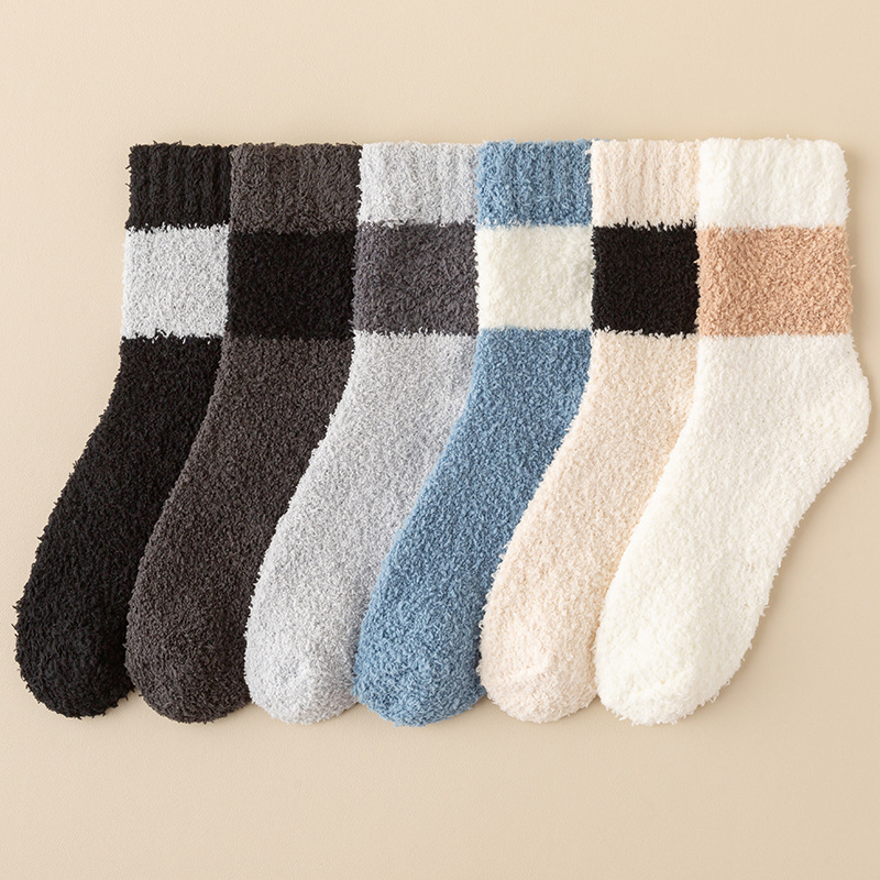 Podzimní a zimní nové korálové fleecové ponožky pánské středně tubusové ponožky barevně sladěné zesílené fleecové ponožky na spaní teplé podlahové ponožky velkoobchod_voghion.com