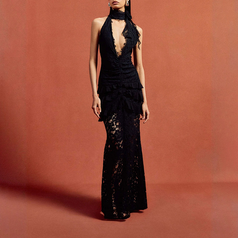 Black Lace Halter Deep V Dress 2025 Autumn New Women's Clothing Ruffled Fishtail Long Dress High-End Dress