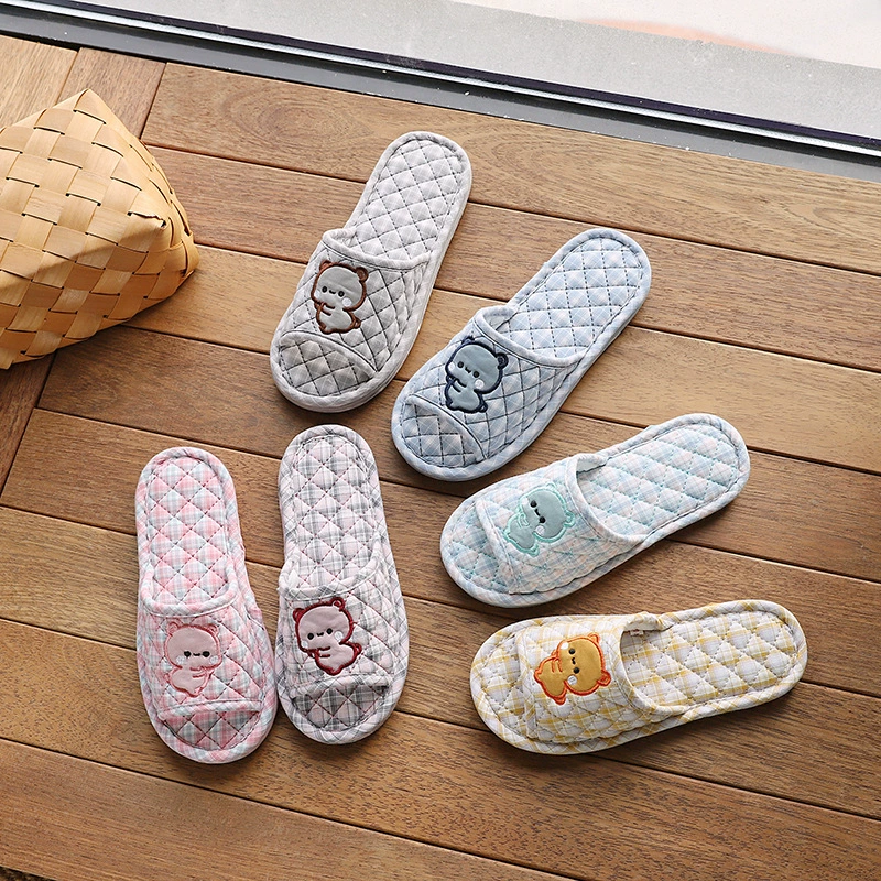 Трансграничные тапочки из чистой хлопковой ткани для дома, женские весенние и осенние домашние трехслойные домашние тапочки с толстой подошвой, милый медведь, немые напольные Тапочки