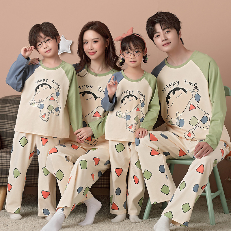 2024春秋新款卡通亲子装睡衣母女父子蜡笔小新长袖一家三口家居服