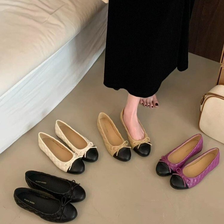 Chanel-Style Flat Round-Toe Ballet Shoes with Bow for Women, 2026 New Model, Soft Sole, Shallow Slip-On Design, Export Single Shoes Chanel-Style Flat Round-Toe Ballet Shoes with Bow for Women, 2026 New Model, Soft Sole, Shallow Slip-On Design, Export Single Shoes