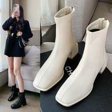 马丁靴女秋冬2025新款方头粗跟白色弹力瘦瘦靴时尚百搭加绒短靴