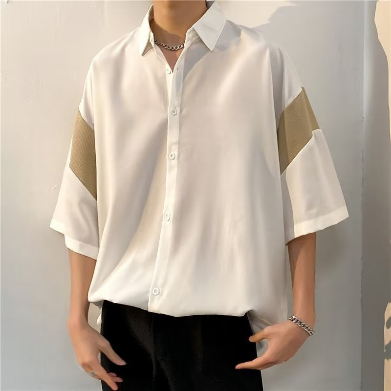 2026 Youth Summer New Color-Block Men's Loose Short-Sleeve Shirt, Cool, Breathable, Draped Top with Mid-Sleeves
