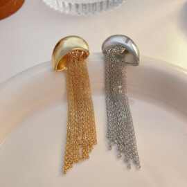 原创设计欧美夸张冷淡风高级感长流苏耳钉 铜镀真金个性链条耳钉