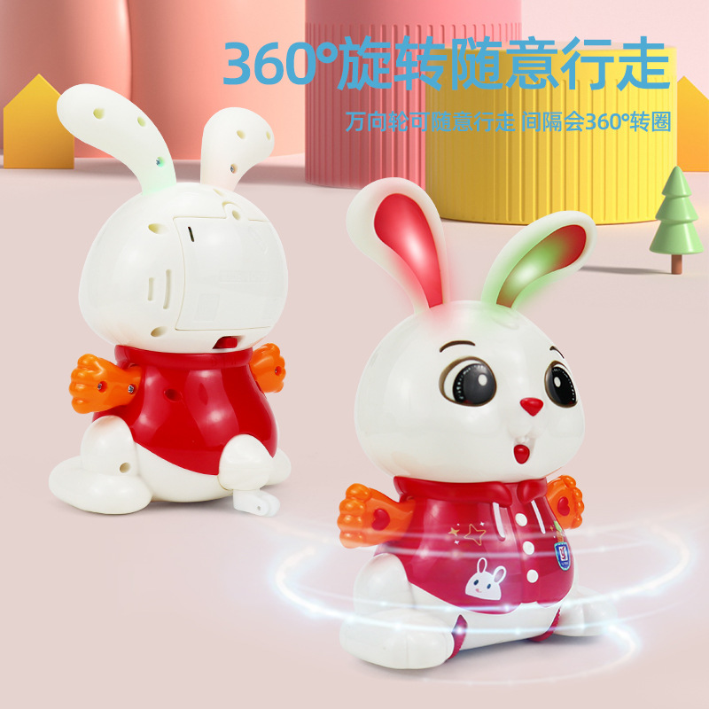 Nuevos productos transfronterizos acrobacias eléctricas swing conejo luz música 360 ° giratoria juguetes de baile regalo de cumpleaños para bebés