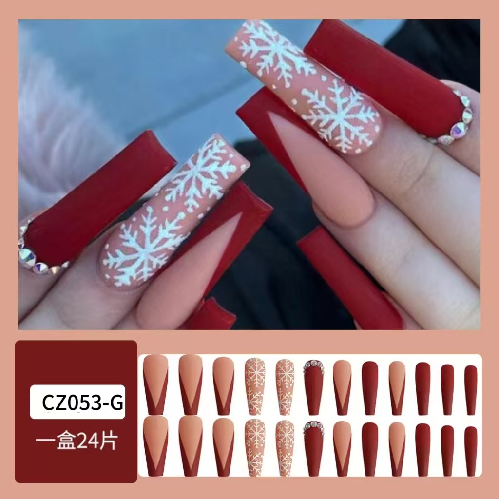 Parche de uñas postizas de copo de nieve rojo y blanco, producto de uñas desmontable, venta caliente, estilo caliente, armadura larga al por mayor