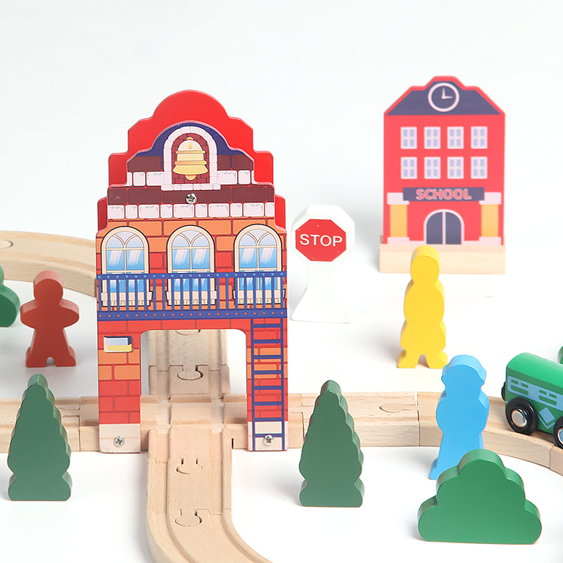 Niños de madera 36 piezas de torre de reloj de 8 carril tren de haz de tráfico puzzle compatible con todas las marcas