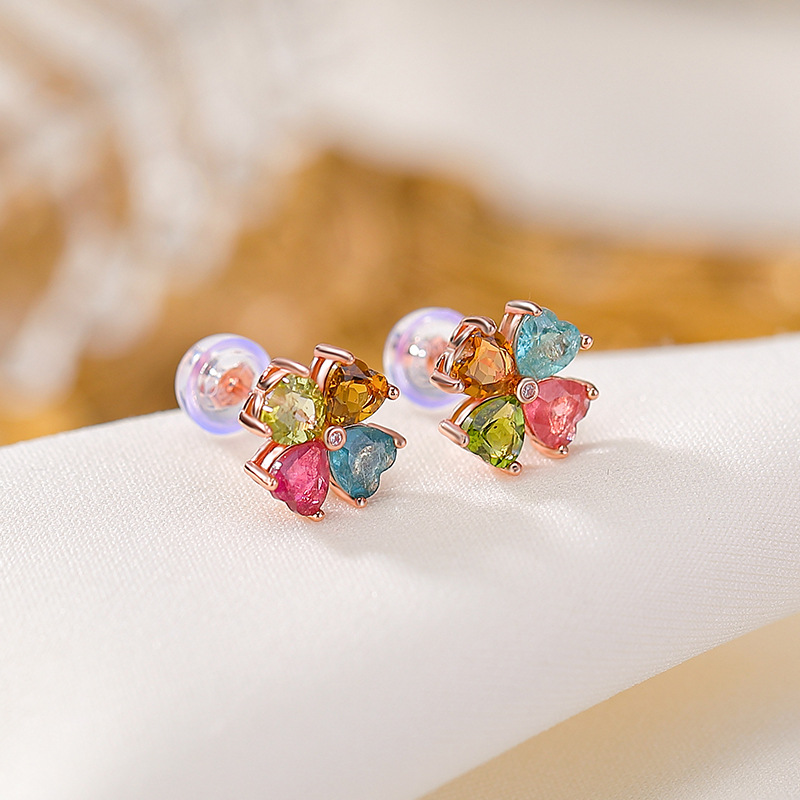 Bông tai bạc S925 mạ vàng hồng hình trái tim đính đá tourmaline — Một cặp (màu ngẫu nhiên của tourmaline)