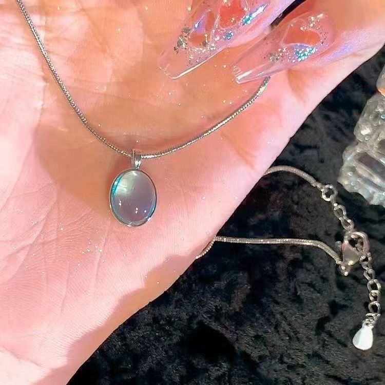 小众月光设计银海蓝宝项链椭圆蓝宝高级吊坠简约骨链锁骨气质精致|undefined