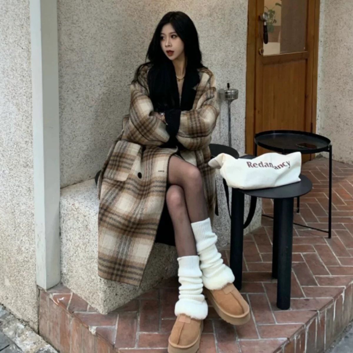 感格子毛呢外套女2024冬季新款复古中长款宽松英伦显瘦呢大衣