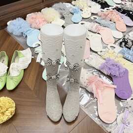 春夏竖条小众设计水钻中筒袜女日系芭蕾风少女萝莉塔蝴蝶结短袜薄