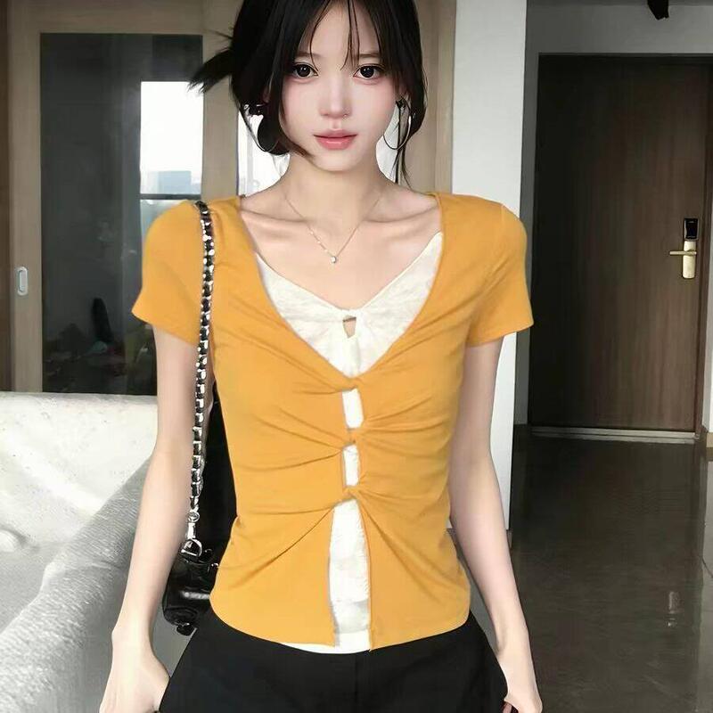 Korean-Style Spicy Girl Style Yellow V-Neck Fake Two-Piece Short-Sleeve T-Shirt for Women, Summer Slim-Fit Dopamine Lace Patchwork Top Korean-Style Spicy Girl Style Yellow V-Neck Fake Two-Piece Short-Sleeve T-Shirt for Women, Summer Slim-Fit Dopamine Lace Patchwork Top