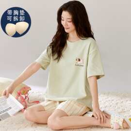 带胸垫睡衣女夏季%纯棉短袖短裤简约大薄可外穿家居服套装