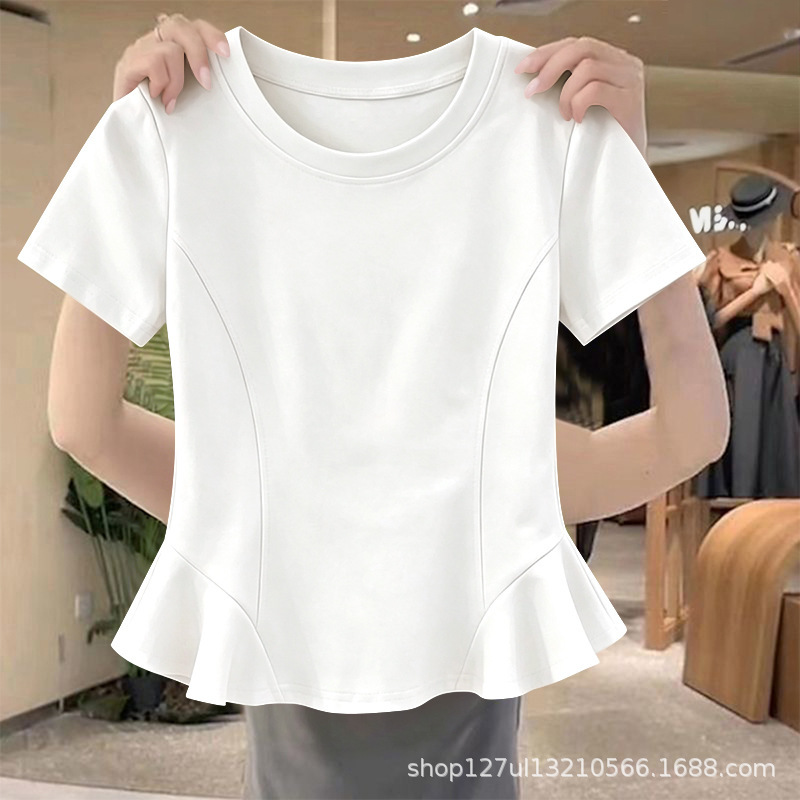 Threaded Short-Sleeve T-Shirt for Women, Summer New Style, Unique Design with Ruffles, Stylish Versatile Base Shirt, Round Neck Top Threaded Short-Sleeve T-Shirt for Women, Summer New Style, Unique Design with Ruffles, Stylish Versatile Base Shirt, Round Neck Top