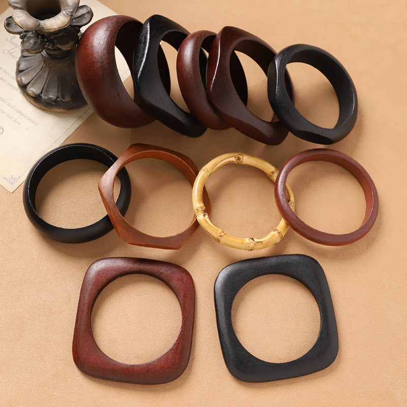 Retro Style Wide Wooden Bracelet Niche High-end Temperament Ethnic Style Exaggerated Personality Overlapping Bracelet Accessories for Women