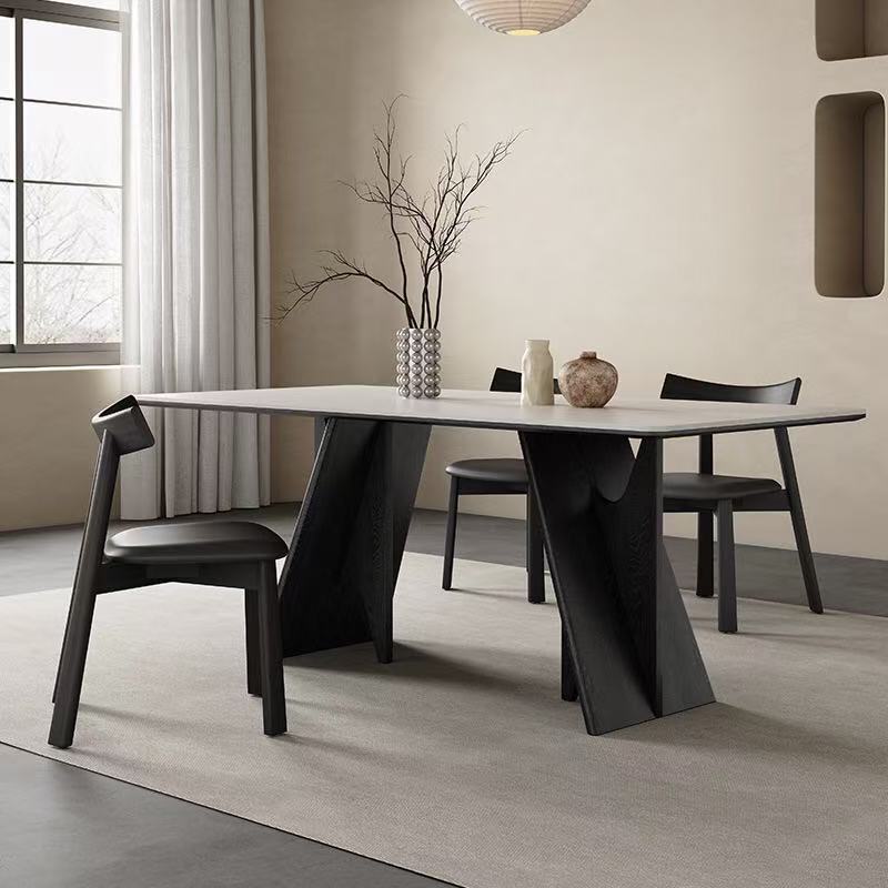 Mesa de comedor de madera maciza negra, mesa de comedor rectangular para uso doméstico pequeño, mesa de comedor para el hogar simple y de lujo ligero, mesa de comedor de tablero de roca blanca pura