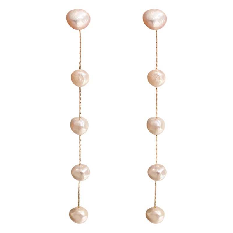 Pendientes largos de perlas de agua dulce con aguja de plata S925, baño de oro, estilo retro