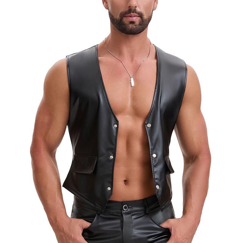 Cross-Border European and American Men's Matte Leather Vest V-Neck Slim Fit Vest Punk Street Fashion Nightclub Sleeveless Top