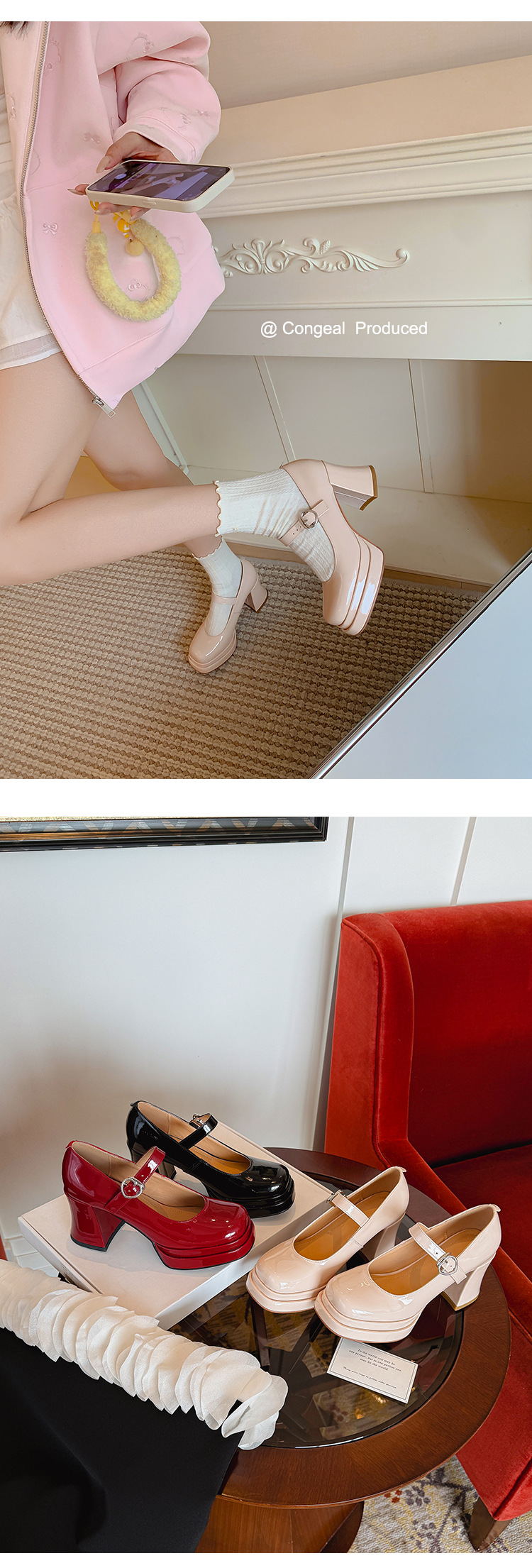 Giày cao gót Mary Jane đế xuồng mũi vuông phong cách cổ điển — Trần truồng hồng, màu đen, màu đỏ chi tiết 9