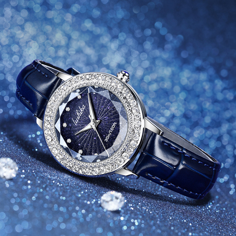 Belle montre pour femme ciel étoilé cadran diamant ceinture en cuir haut de gamme montre à quartz compte vidéo transfrontalier montre en direct pour femme_voghion.com