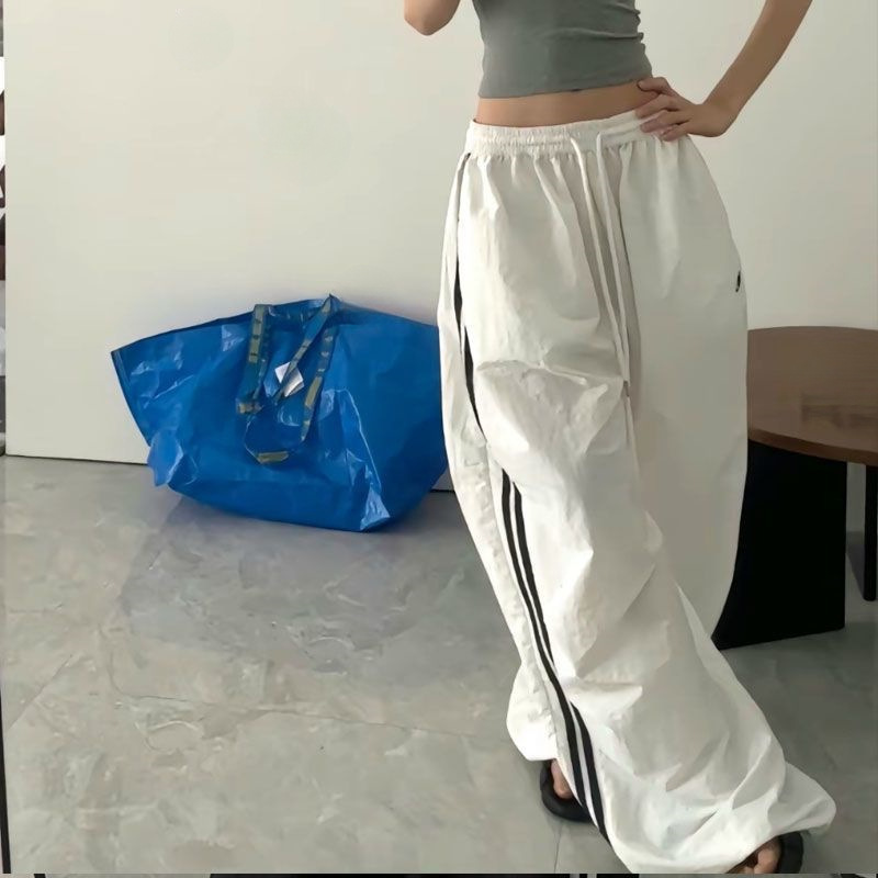 夏季网红街头休闲裤子女美式复古潮牌两条杠系带阔腿宽松学生白色