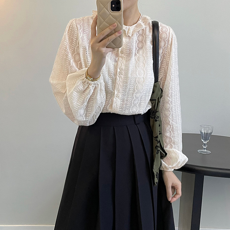 Taochuan Retro French-Style Round-Neck Ruffled Lace Shirt for Women, Long-Sleeved Top, Early Spring 2024, 2136 Japanese-Style Simple