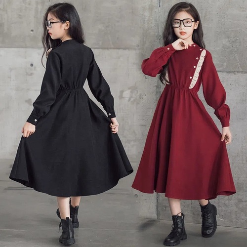 Girls' long skirts above the knee, spring and autumn Korean style children's clothing, fashionable long-sleeved children's dresses, princess dresses