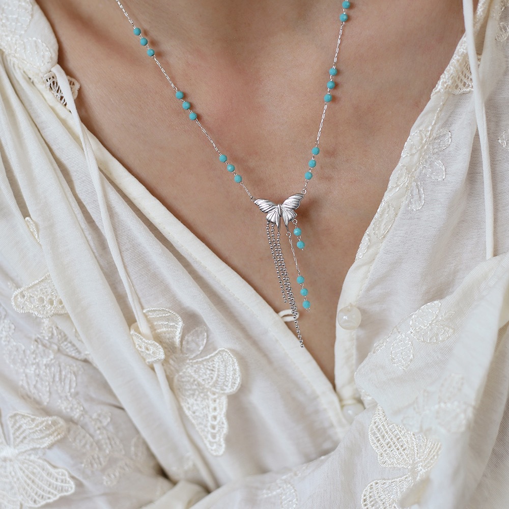 Blue Bead Butterfly Fringe Stainless Steel Necklace