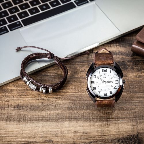 New men's fashionable simple belt quartz watch + bracelet set-2pcs/set dropshipping