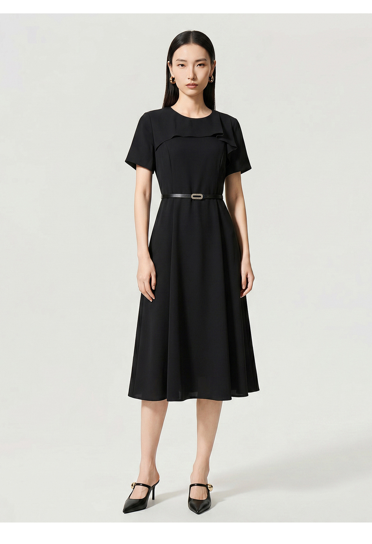 Đầm maxi nữ thắt eo chất liệu chiffon, cổ phiêu bèo nhún, tay ngắn — màu đen chi tiết 19