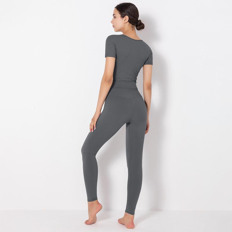 Pantalones de cintura alta de manga corta con cuello en V de estiramiento alto conjunto de yoga NSNS103589