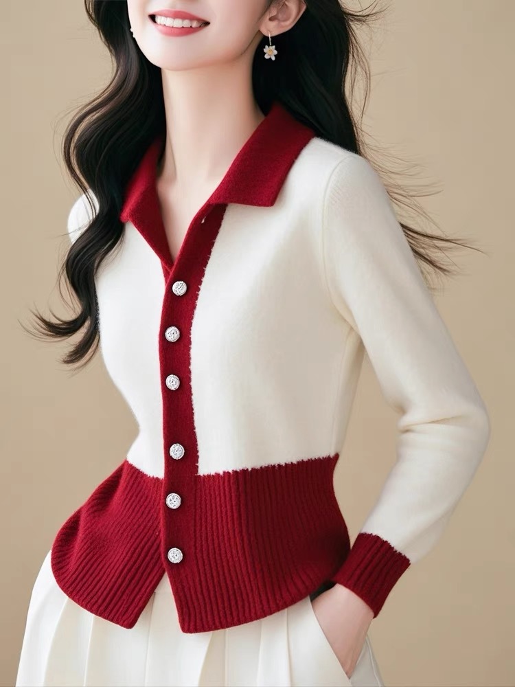 Áo len cardigan nữ cổ V dệt kim tay dài phối màu ôm dáng — Đánh vần màu đỏ và trắng